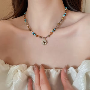 Titanium Steel Natural Stone Rice Bead Sunflower Bead Necklace